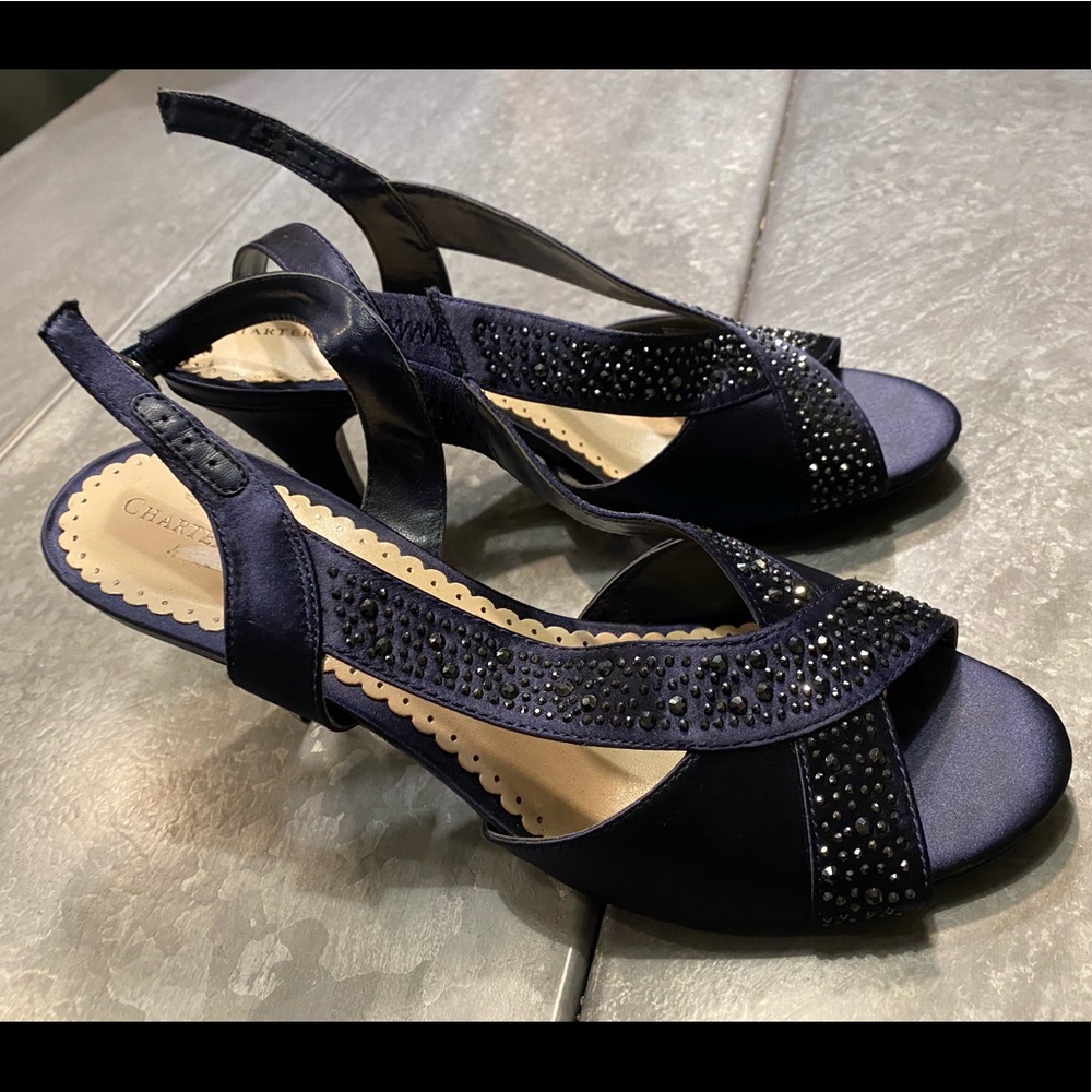 navy blue 2 inch heels with dark blue rhinestones
